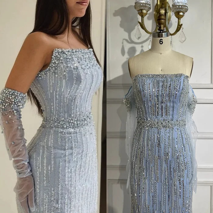 Light Blue Pearls Luxury Dubai Evening Dresses Elegant LA71950 - SERENE HILL