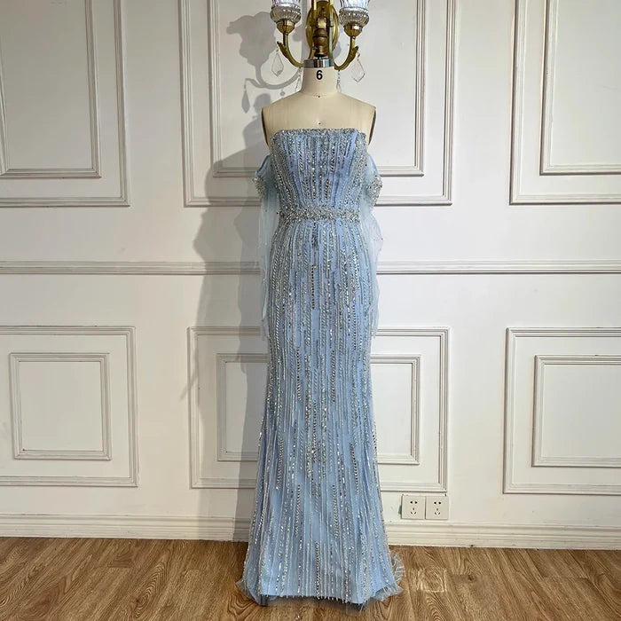 Light Blue Pearls Luxury Dubai Evening Dresses Elegant LA71950 - SERENE HILL