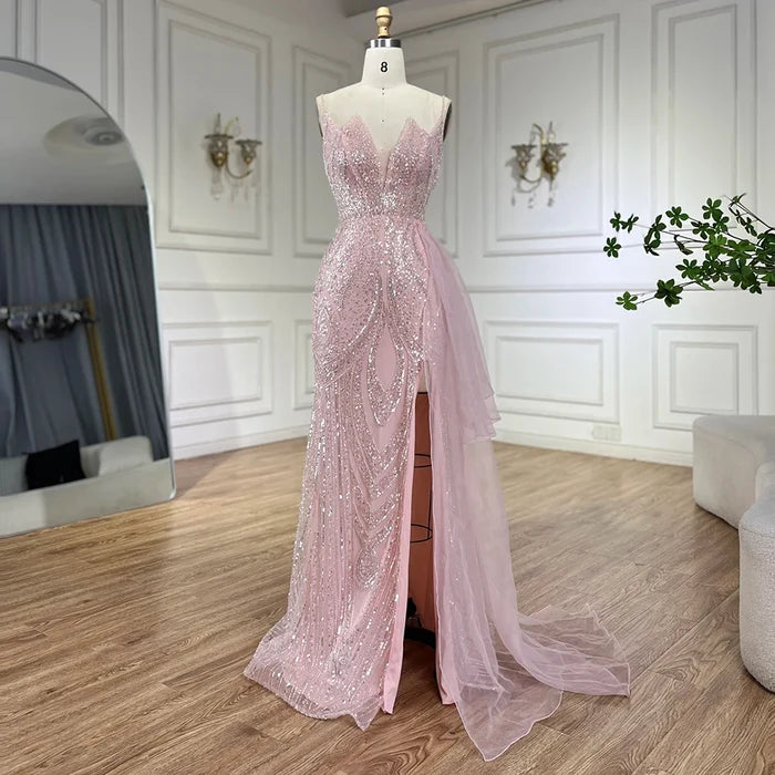 Light Pink Spaghetti Strap Mermaid Evening Dress with Beaded Overskirt LA72378A - SERENE HILL