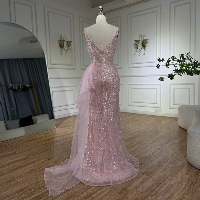 Light Pink Spaghetti Strap Mermaid Evening Dress with Beaded Overskirt LA72378A - SERENE HILL