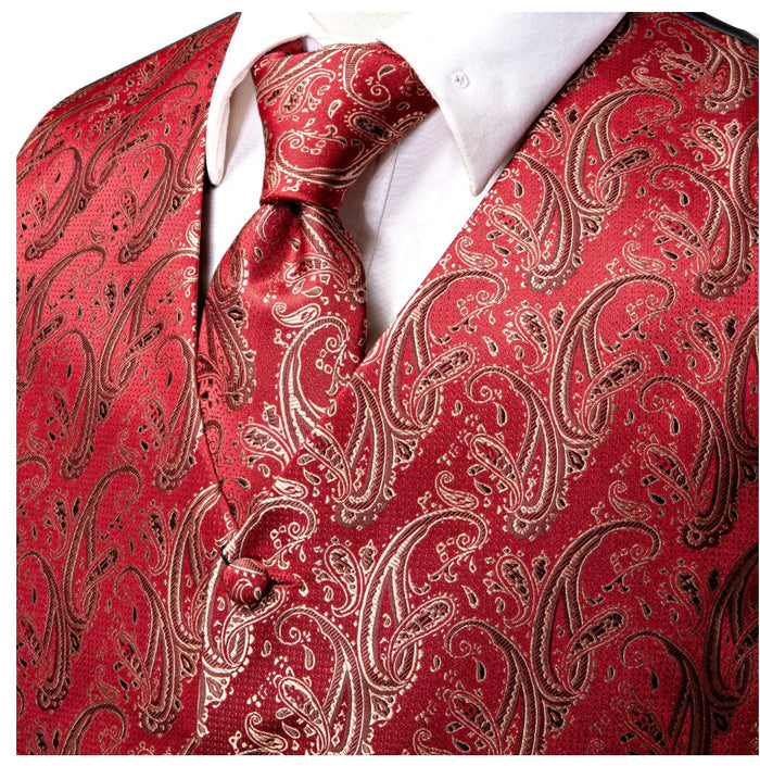 Light Red Paisley Silk Men's Vest Hanky Cufflinks Tie Set Waistcoat Set-MJ-0035 - SimonVon Shop