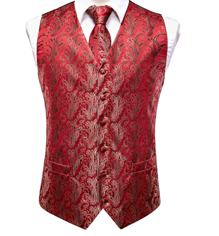Light Red Paisley Silk Men's Vest Hanky Cufflinks Tie Set Waistcoat Set-MJ-0035 - SimonVon Shop