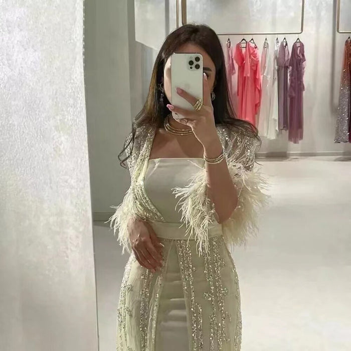 Light Yellow Luxury Feathers Evening Dresses for Wedding Party LA71759 - SERENE HILL