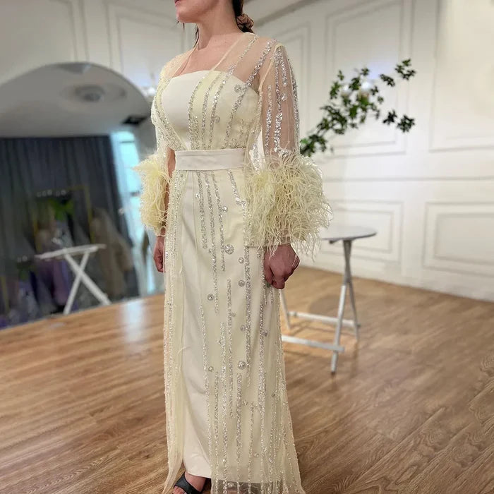 Light Yellow Luxury Feathers Evening Dresses for Wedding Party LA71759 - SERENE HILL