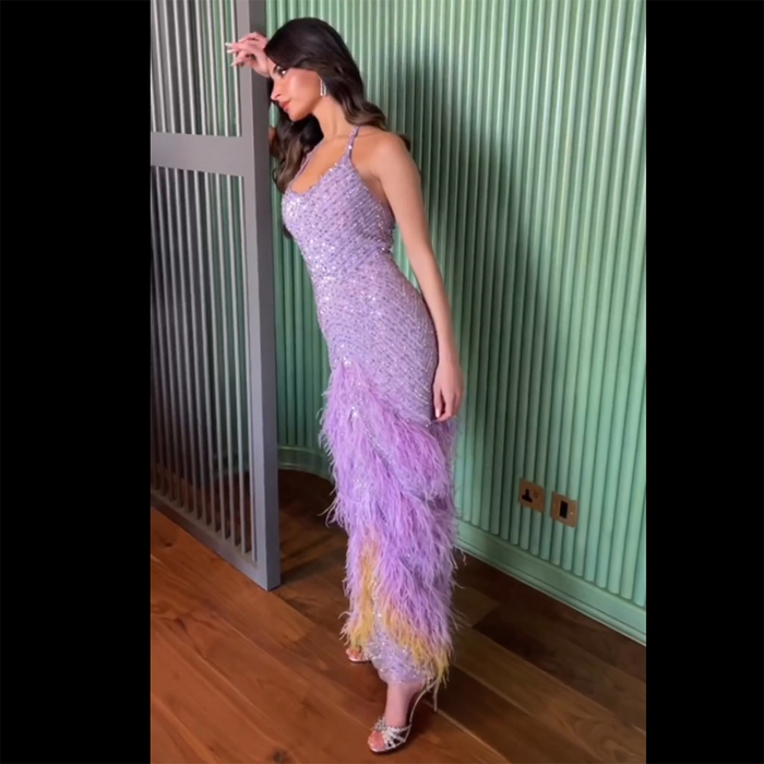 Lilac Feather Halter Mermaid Luxury Dubai Evening Dress LA72056 - SERENE HILL