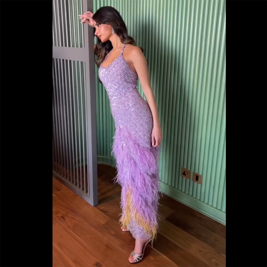 Lilac Feather Halter Mermaid Luxury Dubai Evening Dress LA72056 - SERENE HILL