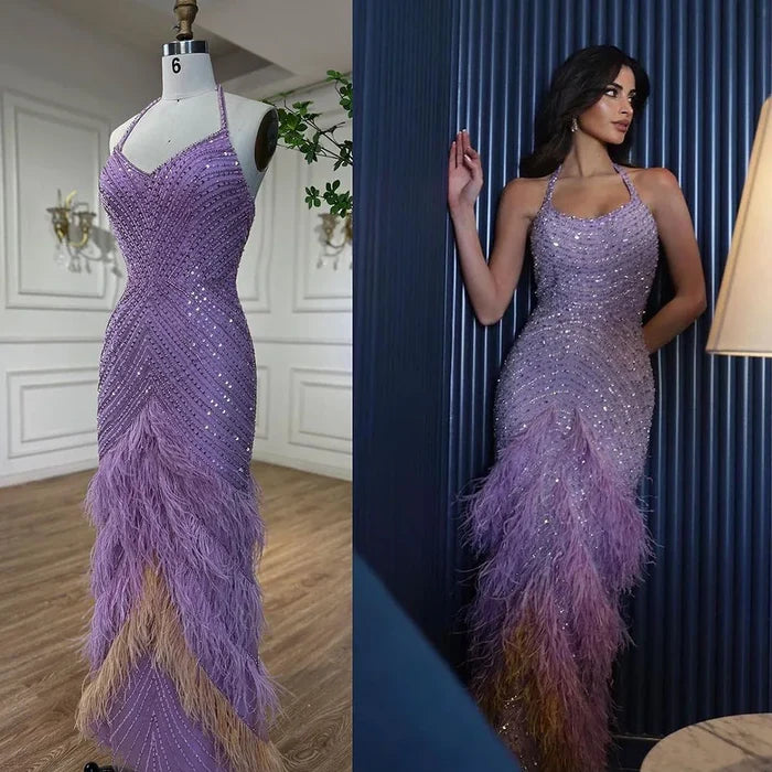 Lilac Feather Halter Mermaid Luxury Dubai Evening Dress LA72056 - SERENE HILL