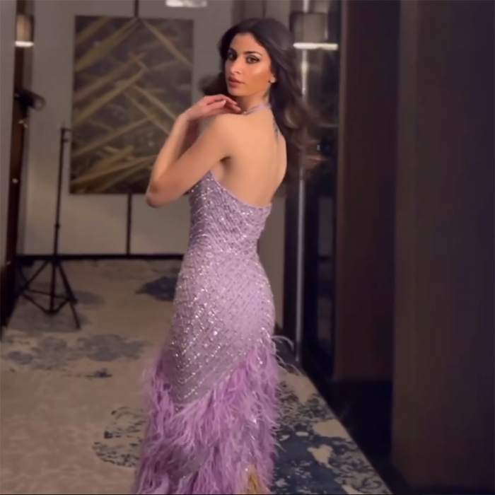Lilac Feather Halter Mermaid Luxury Dubai Evening Dress LA72056 - SERENE HILL