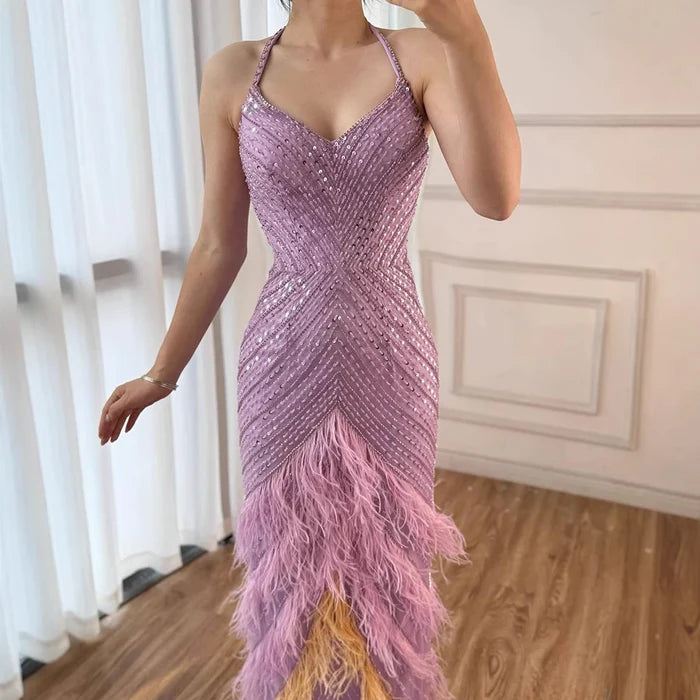 Lilac Feather Halter Mermaid Luxury Dubai Evening Dress LA72056 - SERENE HILL