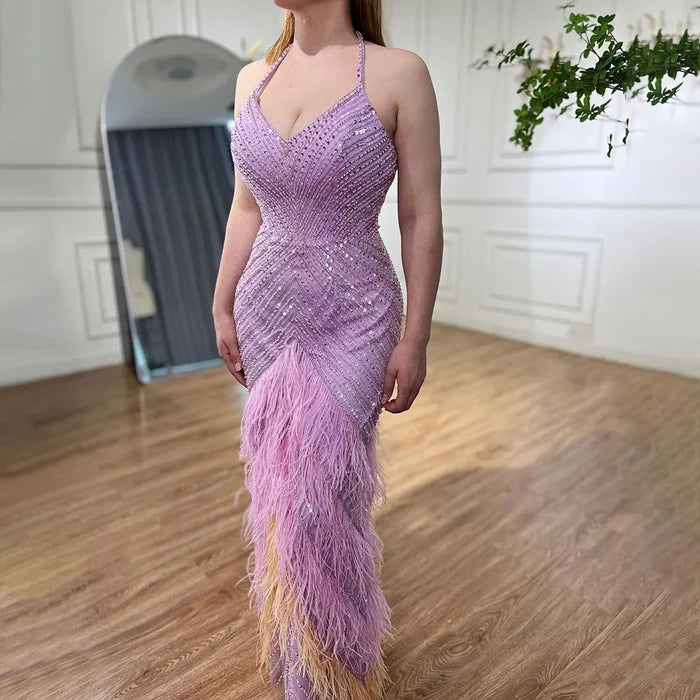 Lilac Feather Halter Mermaid Luxury Dubai Evening Dress LA72056 - SERENE HILL
