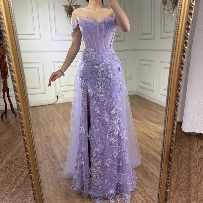 Lilac Off Shoulder Beaded High Slit Tulle Gown LA72874 - SERENE HILL