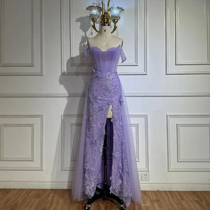 Lilac Off Shoulder Beaded High Slit Tulle Gown LA72874 - SERENE HILL