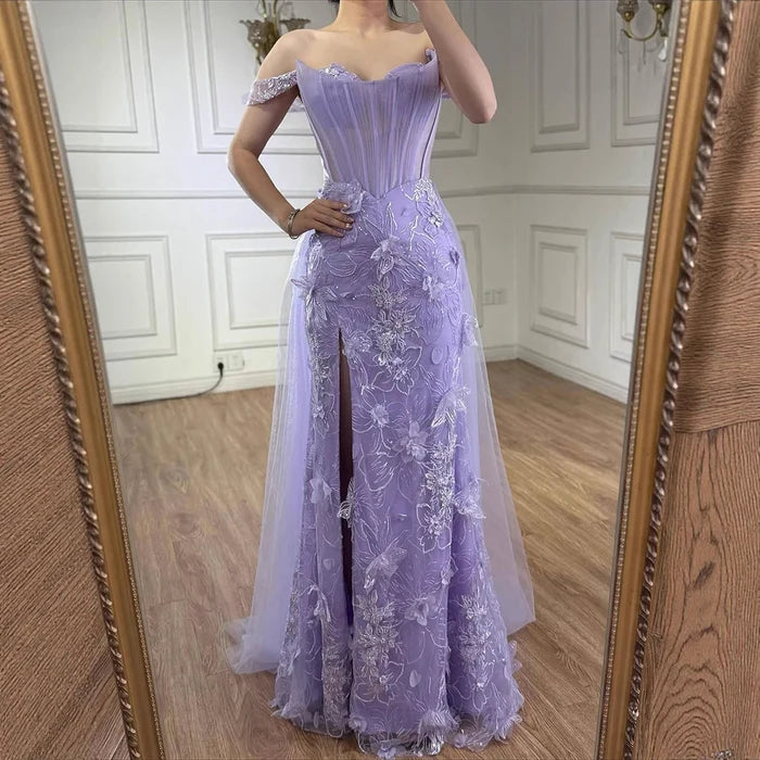 Lilac Off Shoulder Beaded High Slit Tulle Gown LA72874 - SERENE HILL