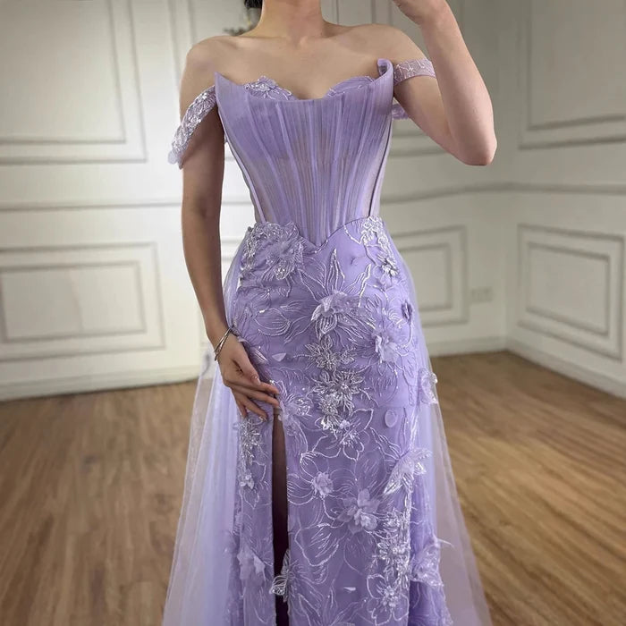 Lilac Off Shoulder Beaded High Slit Tulle Gown LA72874 - SERENE HILL