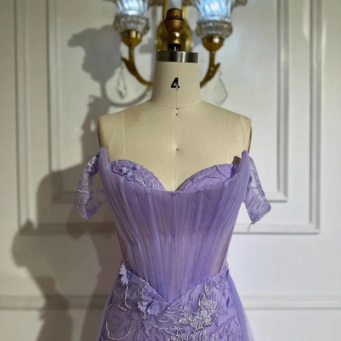 Lilac Off Shoulder Beaded High Slit Tulle Gown LA72874 - SERENE HILL