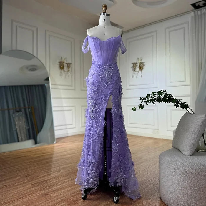Lilac Off Shoulder Beaded High Slit Tulle Gown LA72874 - SERENE HILL