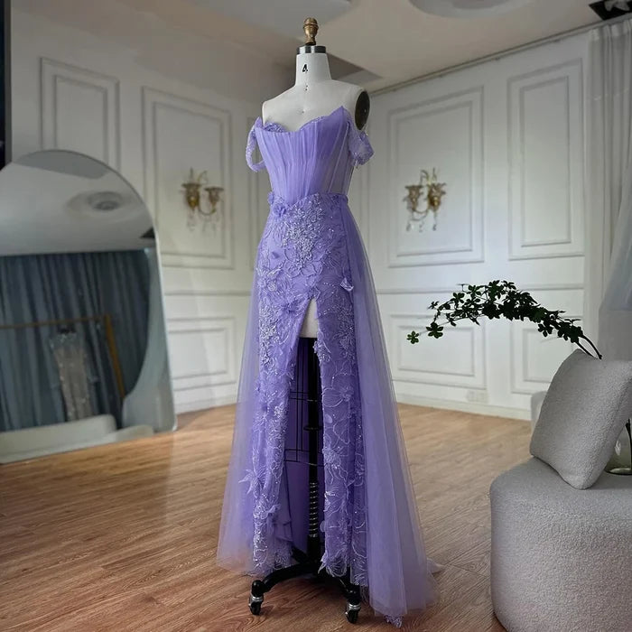 Lilac Off Shoulder Beaded High Slit Tulle Gown LA72874 - SERENE HILL