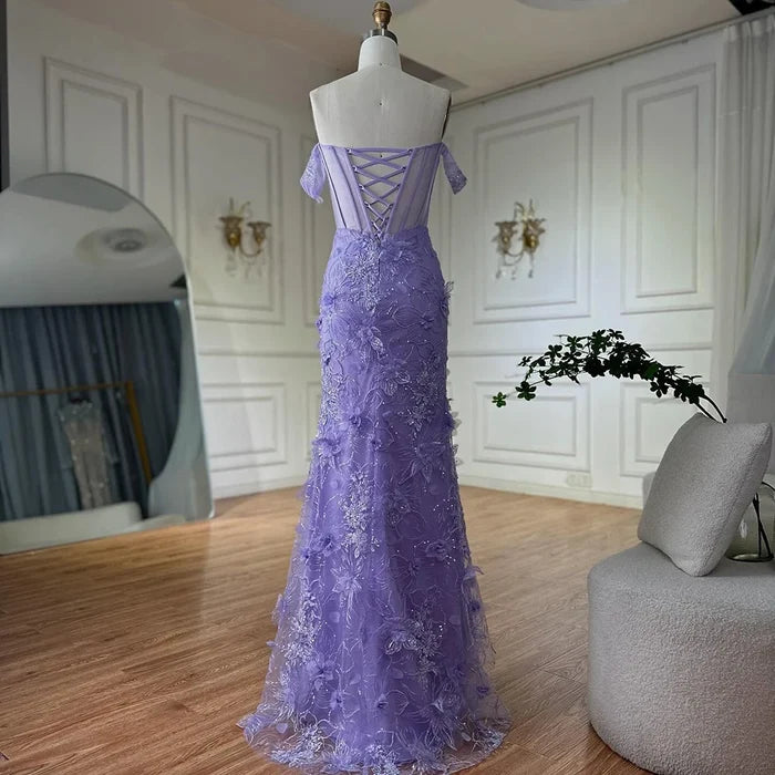 Lilac Off Shoulder Beaded High Slit Tulle Gown LA72874 - SERENE HILL