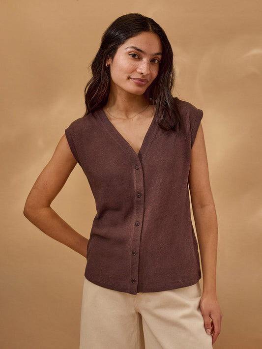 Linen Blend Button Through Top