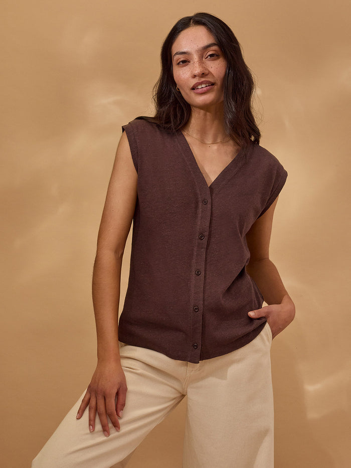 Linen Blend Button Through Top