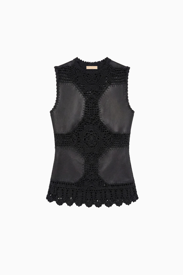 Livia Sleeveless Crochet & Leather Top - Noir