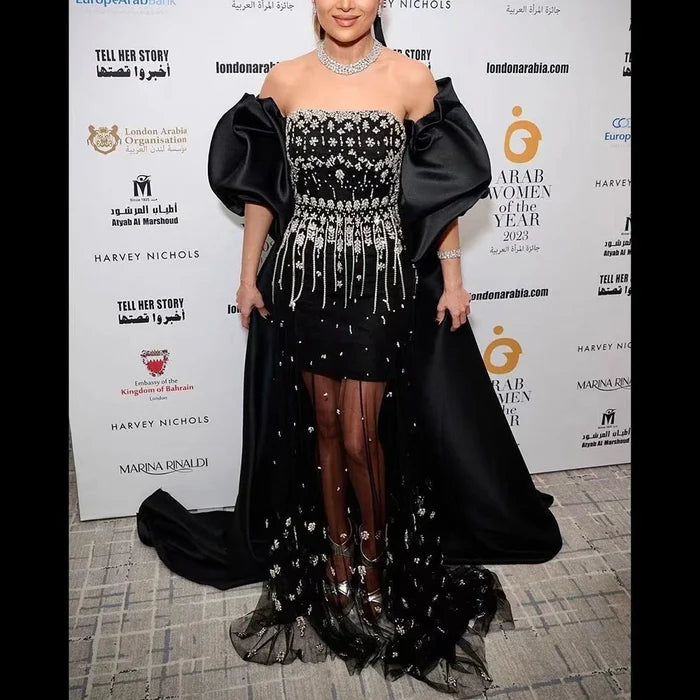 Luxury Arabic Black Crystal Evening Dress With Cape LA72002 - SERENE HILL
