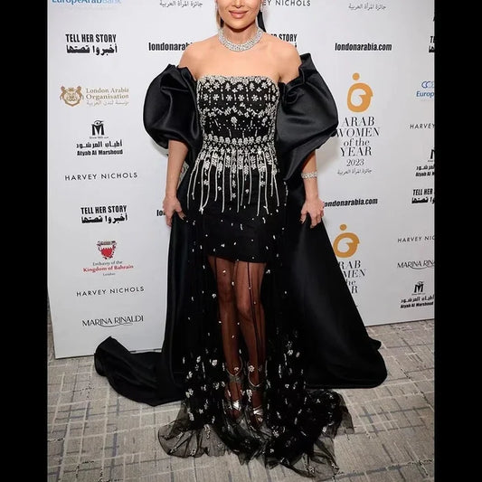 Luxury Arabic Black Crystal Evening Dress With Cape LA72002 - SERENE HILL