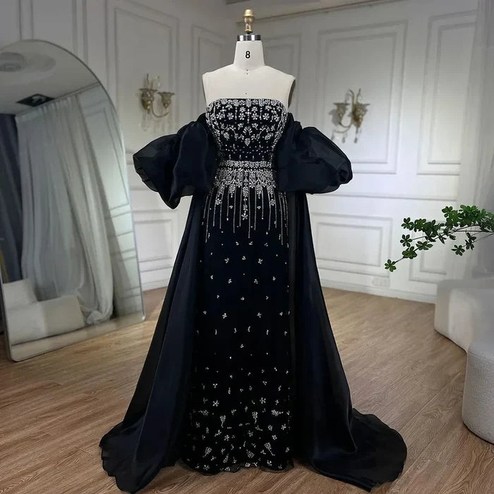 Luxury Arabic Black Crystal Evening Dress With Cape LA72002 - SERENE HILL