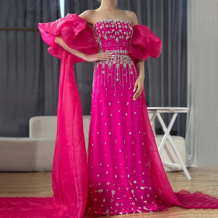 Luxury Arabic Black Crystal Evening Dress With Cape LA72002 - SERENE HILL