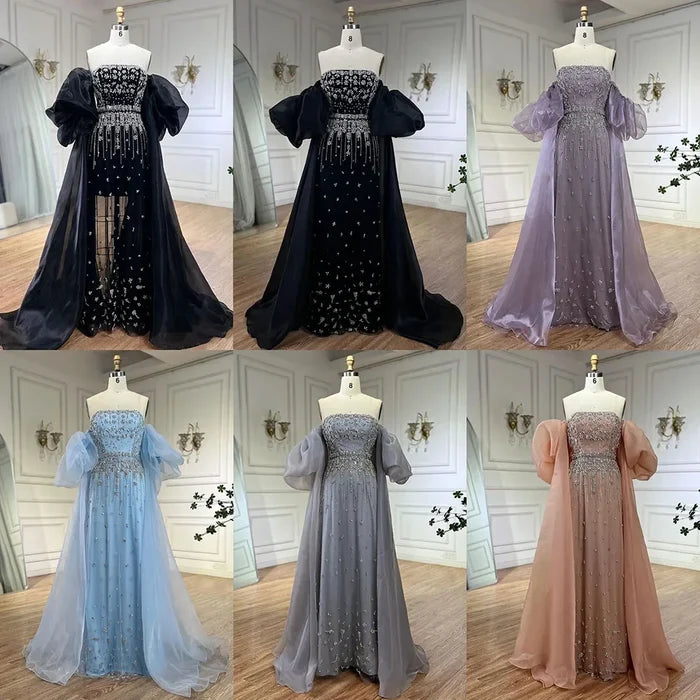 Luxury Arabic Black Crystal Evening Dress With Cape LA72002 - SERENE HILL