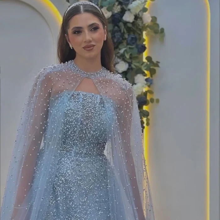 Luxury Arabic Blue A-Line Evening Dress with Cape Sleeves Plus Size LA72659 - SERENE HILL