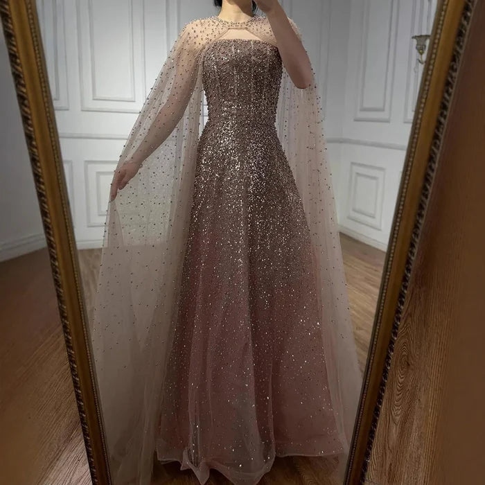 Luxury Arabic Blue A-Line Evening Dress with Cape Sleeves Plus Size LA72659 - SERENE HILL