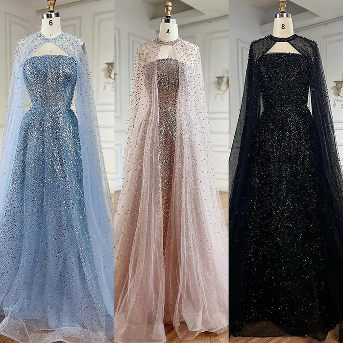 Luxury Arabic Blue A-Line Evening Dress with Cape Sleeves Plus Size LA72659 - SERENE HILL