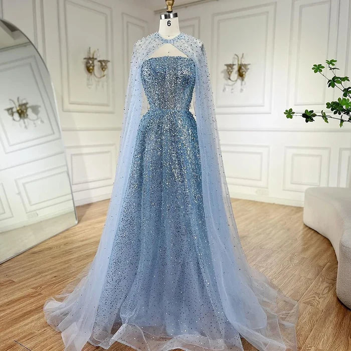 Luxury Arabic Blue A-Line Evening Dress with Cape Sleeves Plus Size LA72659 - SERENE HILL