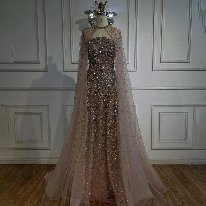 Luxury Arabic Blue A-Line Evening Dress with Cape Sleeves Plus Size LA72659 - SERENE HILL