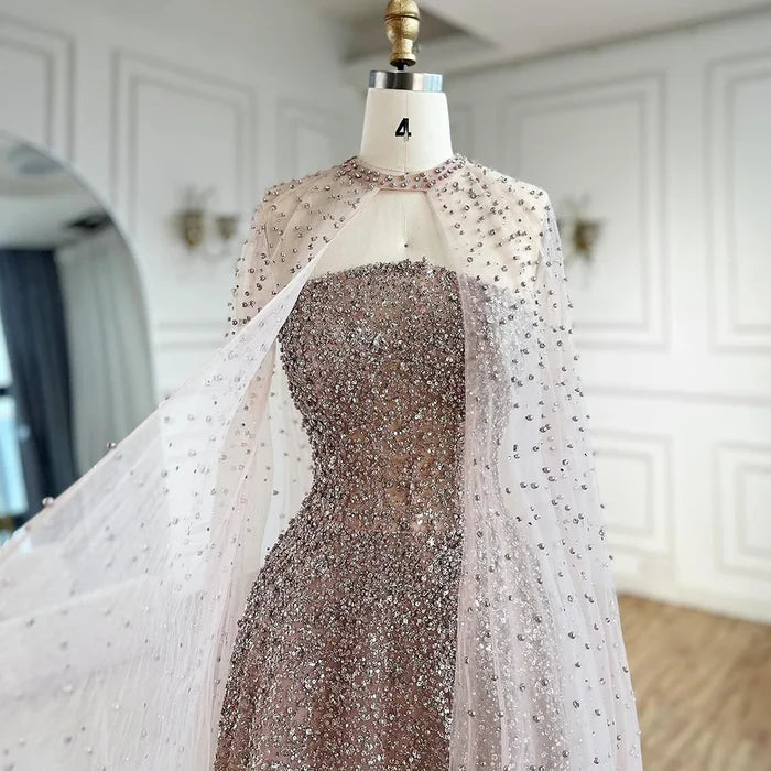 Luxury Arabic Blue A-Line Evening Dress with Cape Sleeves Plus Size LA72659 - SERENE HILL