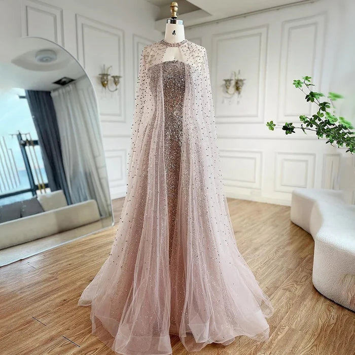 Luxury Arabic Blue A-Line Evening Dress with Cape Sleeves Plus Size LA72659 - SERENE HILL