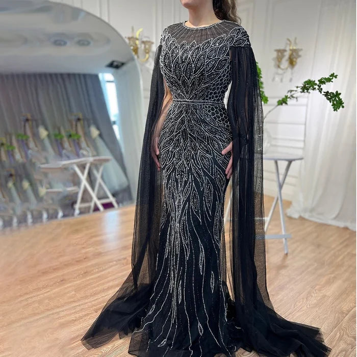 Luxury Arabic Blue Mermaid Evening Dress with Cape Sleeves LA71999 - SERENE HILL