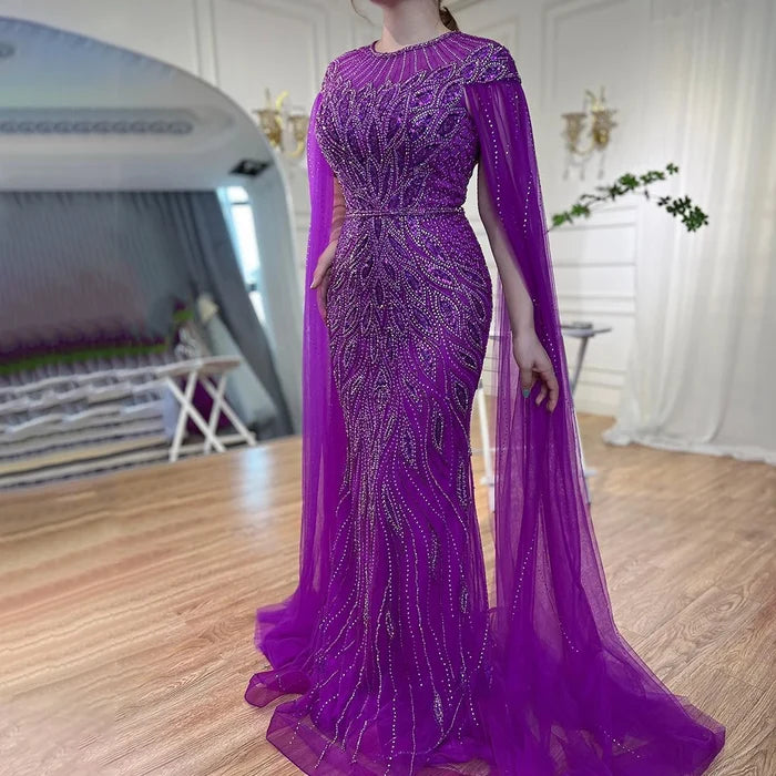 Luxury Arabic Blue Mermaid Evening Dress with Cape Sleeves LA71999 - SERENE HILL