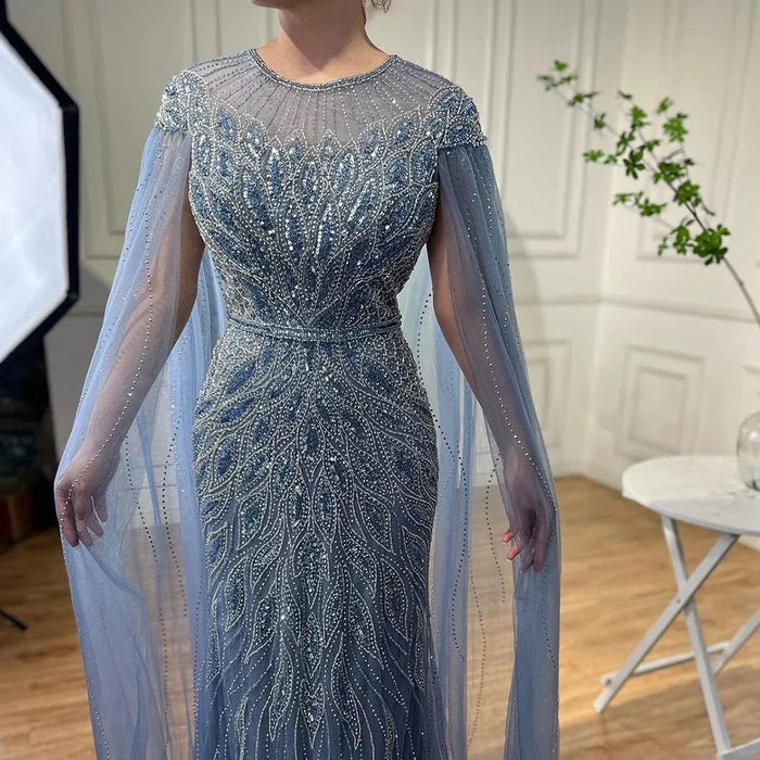 Luxury Arabic Blue Mermaid Evening Dress with Cape Sleeves LA71999 - SERENE HILL