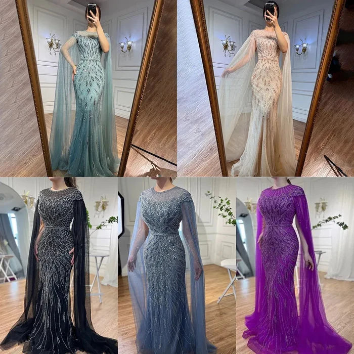 Luxury Arabic Blue Mermaid Evening Dress with Cape Sleeves LA71999 - SERENE HILL