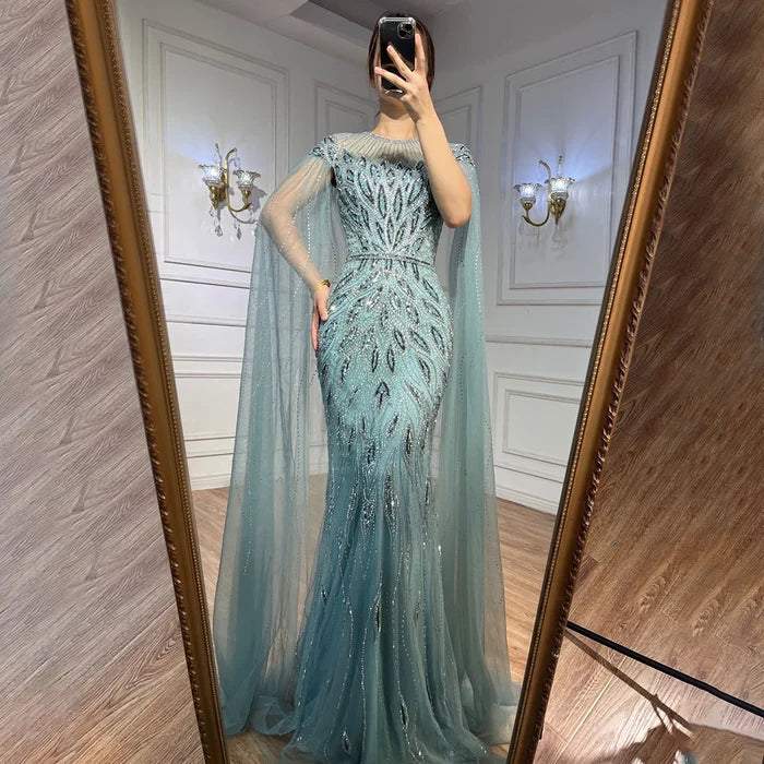 Luxury Arabic Blue Mermaid Evening Dress with Cape Sleeves LA71999 - SERENE HILL