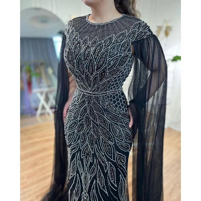 Luxury Arabic Blue Mermaid Evening Dress with Cape Sleeves LA71999 - SERENE HILL