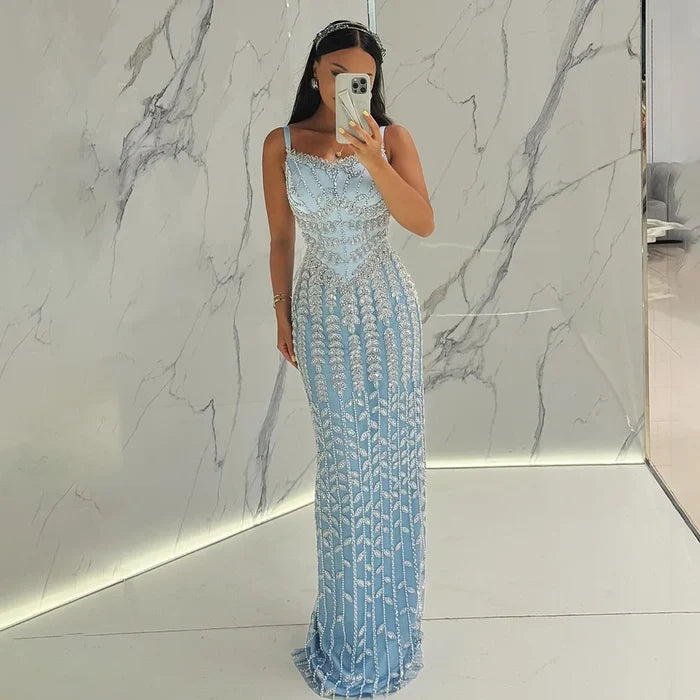 Luxury Arabic Blue Spaghetti Strap Mermaid Evening Dress Beaded LA72725 - SERENE HILL