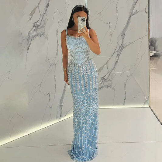 Luxury Arabic Blue Spaghetti Strap Mermaid Evening Dress Beaded LA72725 - SERENE HILL