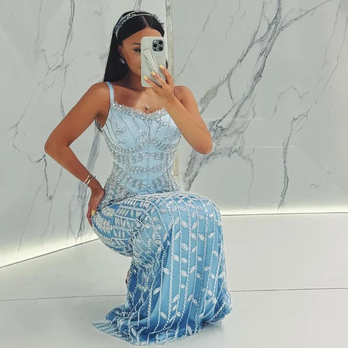 Luxury Arabic Blue Spaghetti Strap Mermaid Evening Dress Beaded LA72725 - SERENE HILL