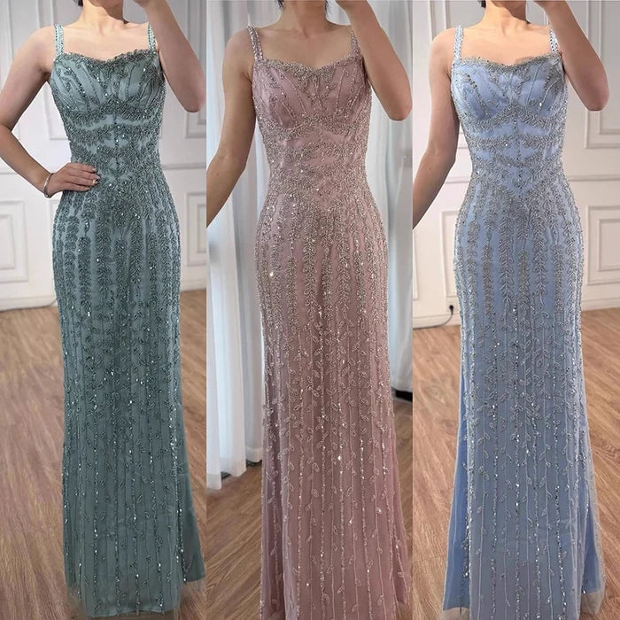 Luxury Arabic Blue Spaghetti Strap Mermaid Evening Dress Beaded LA72725 - SERENE HILL