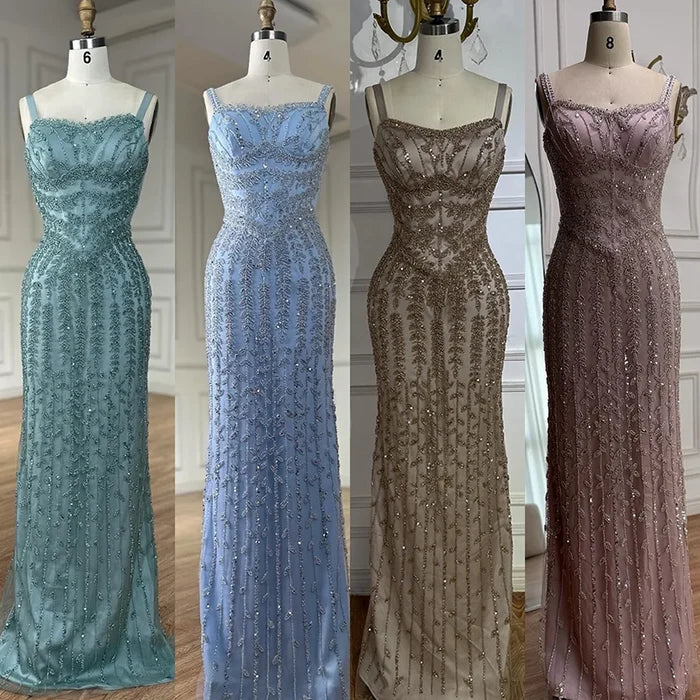 Luxury Arabic Blue Spaghetti Strap Mermaid Evening Dress Beaded LA72725 - SERENE HILL