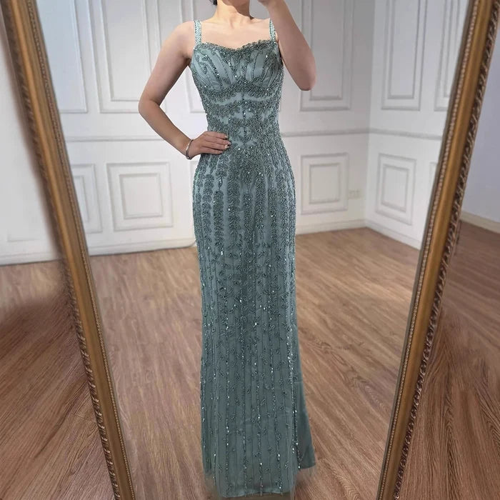 Luxury Arabic Blue Spaghetti Strap Mermaid Evening Dress Beaded LA72725 - SERENE HILL