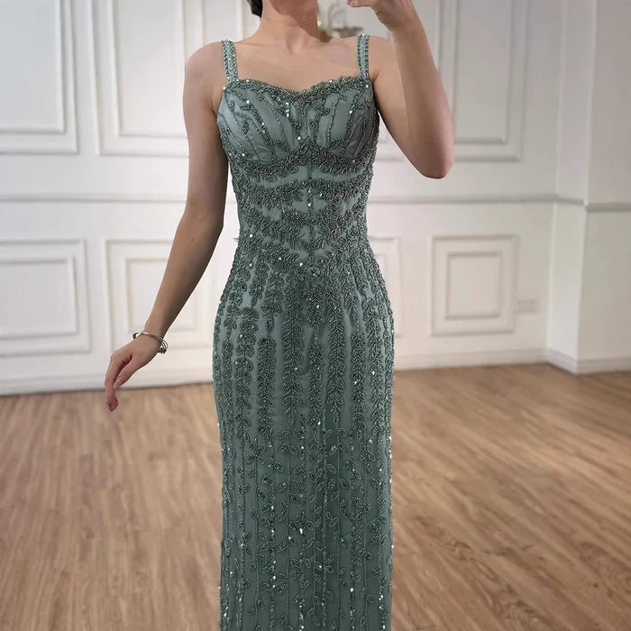 Luxury Arabic Blue Spaghetti Strap Mermaid Evening Dress Beaded LA72725 - SERENE HILL